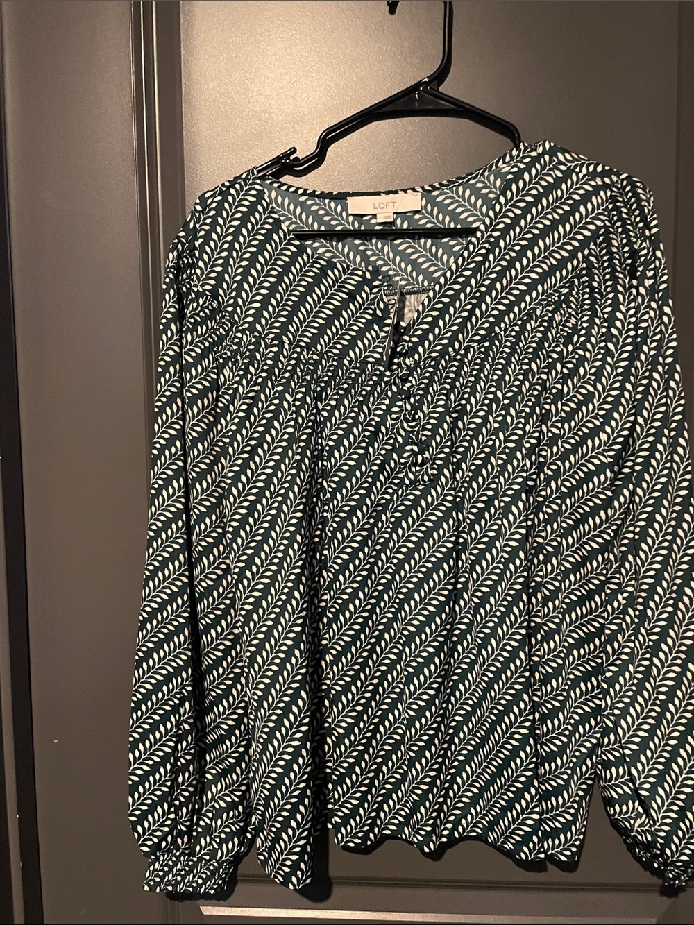 LOFT Teal and White Leaf-Print Blouse